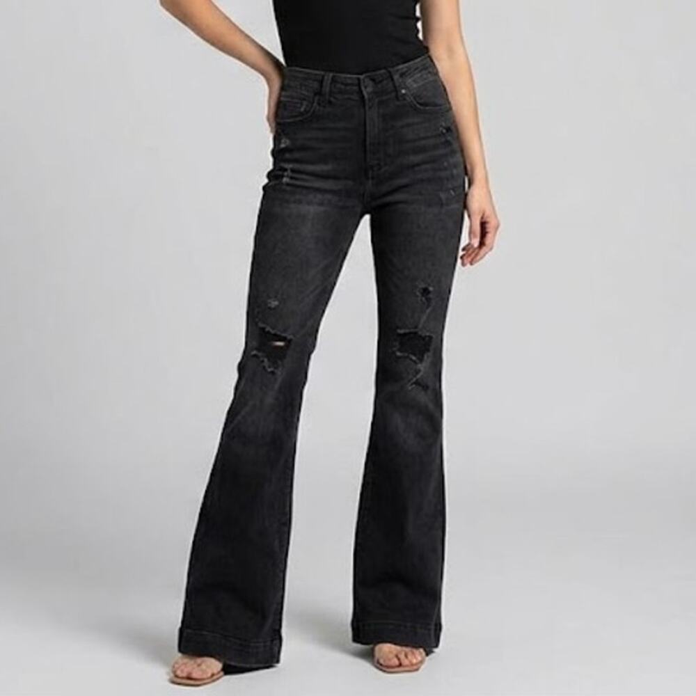 Judy Blue High Waist Flare Jeans 9/29 Black Distressed Stretch Denim NWOT